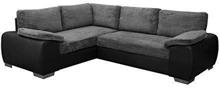 Sofas and More Grey Jumbo Cord Corner Sofa Bed with Storage – Large L-Shape Fabric & Faux Leather Sofa for Living Room