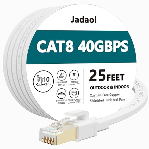 Jadaol Cat 8 Ethernet Cable 25 ft, 40Gbps 2000MHz Flat RJ45 S/FTP LAN Patch Cable, High-Speed Cat8 Network Cable for Router, Modem, Switch, Gaming Consoles, PC, Home Network & Streaming Devices, White