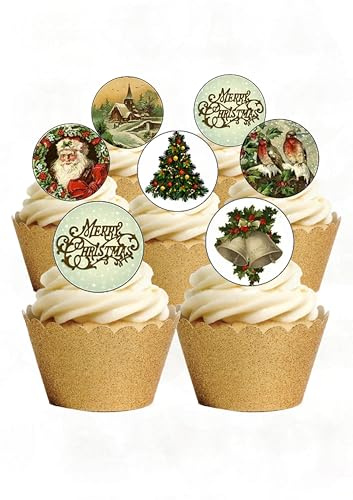24 Precut Traditional Vintage Style Christmas Edible Wafer Paper Cupcake Toppers Decorations