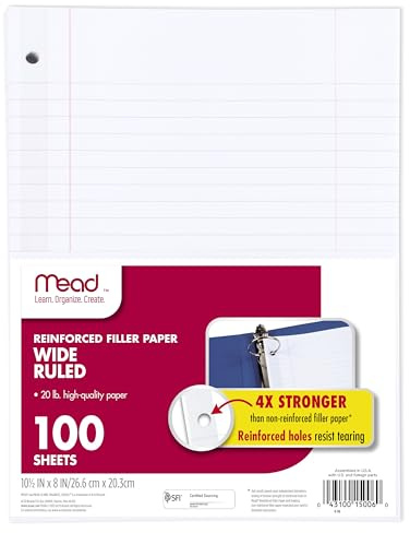 Mead Loose Leaf Paper, Wide Ruled Filler Notebook Paper, Reinforced, 8 x 10-1/2, 100 Sheets, Fits 3-Ring Binder (15006)