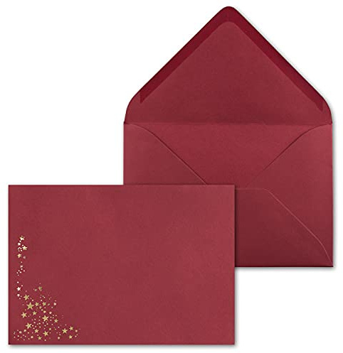50x Weihnachts-Briefumschläge - DIN C5 - mit Gold-Metallic geprägtem Sternenregen, festlich matter Umschlag in dunkelrot - Nassklebung, 110 g/m² - 154 x 220 mm - Marke: GUSTAV NEUSER