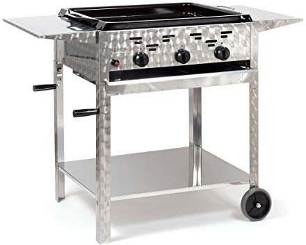 Gasbräter 11kW 3-flammiger Edelstahl-Brenner fahrbar mit emaillierter Stahlpfanne und Abstellplatten Gasgrill Gastrobräter Profigrill Verein