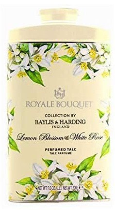 Baylis y Harding Royale Royale Ramo Ramo Flor del limón y Rosa Blanca estañado Talco 200g