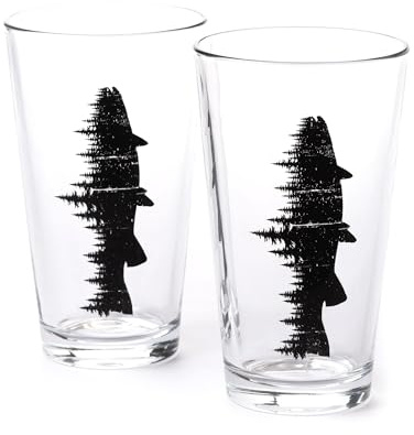 Pint Glasses with Fish and Forest Screen Print - 16 oz. Beer Glasses for Craft Beer - Fishing Gifts and Glasses for Fisherman - Trout and Forest