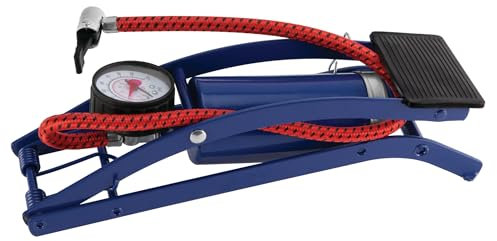 Performance Tool W1638DB Foot Pump for Bike Tires and Sports Equipment with Air Pressure Gauge, Braided Hose, and Needle Valve with Adaptors, 100 P.S.I Capacity, Blue