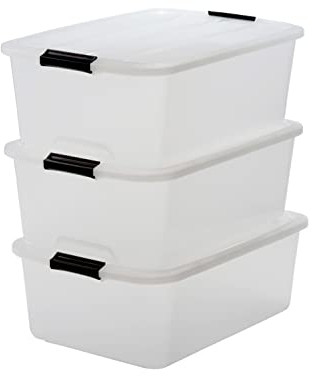 Iris Ohyama Aufbewahrungsbox mit Deckel, 30L, 3er-Set, Transparent, Schnappverschlüsse mit Griffen, Stapelbar, Stark & Langlebig, Für Kleidung, Garage, Zuhause, Büro, Plastikbox, Lagerung TB-30