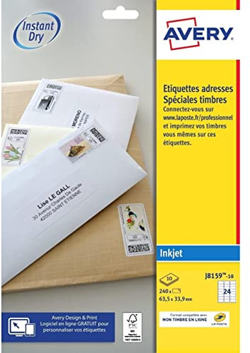 Avery Étiquettes Adresse Autocollantes Blanches 240 Timbres Personnalisables 63,5 x 33,9 mm Impression Jet d'Encre