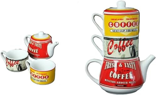 DONREGALOWEB Teiera con 2 tazze in ceramica impilabili decorate con il logo Coffee in tre colori con capacità teiera da 420 ml e tazze da 180 ml