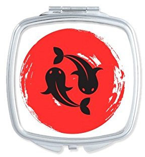DIYthinker Japanische Art Japan Kultur Nationalflagge Rot Schwarz Goldfisch Zusammenfassung Bürsten-Malerei-Muster-Quadrat Compact Make-up Taschenspiegel Tragbare Nette kleine Handspiegel