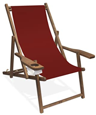 Holz-Liegestuhl mit Armlehne und Getränkehalter, Klappbar, mit dunkelbrauner Lasur, Wechselbezug (Bordeaux)