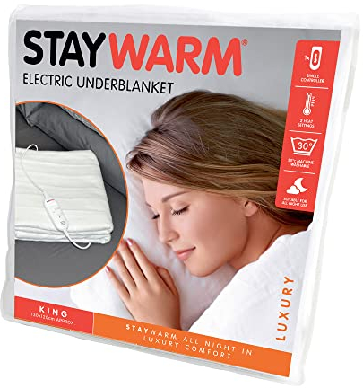 STAYWARM® King Size Luxury Quality Electric Underblanket with Detachable Controller / 2 Heat Settings / Detachable Cord / Machine Washable / Safe All Night Use - 70w - 130 x 120cm - F904 - White