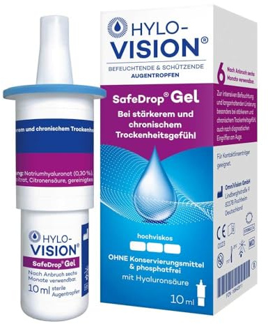 Hylo-Vision SafeDrop Gel Augentropfen – Linderung bei stark und chronisch trockenen Augen, intensive Befeuchtung, hochviskos, konservierungsmittelfrei, geeignet bei Kontaktlinsen, 10 ml
