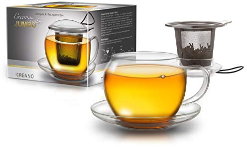 Creano Tazza da tè JUMBO in Vetro con Manico e Filtro Integrato in Acciaio Inox, Coperchio in vetro e Piattino | 450ml