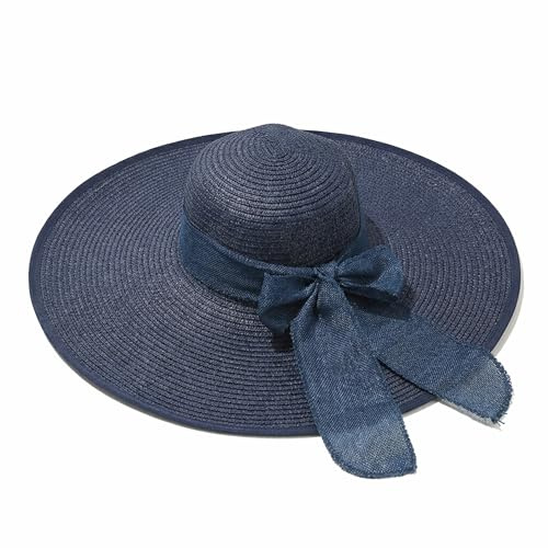erioctry Cappello da Sole alla Moda da Donna a Tesa Larga Larga Pieghevole Estivo Nuoto Giardino Spiaggia Paglia Cappello da Sole per Vacanze Viaggi Blu, M