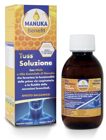Manuka Benefit Tuss Soluzione, favorisce le funzionalità delle prime vie respiratorie, con Miele ed Olio essenziale di Manuka, favorisce la fluidità delle secrezioni bronchiali 140 ml