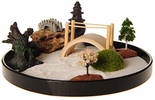 ICNBUYS Zen Garden with Boat Bridge Japanese Censers Set with Free Rake and Pushing Sand Pen Base Tray Diameter 9.4 inches