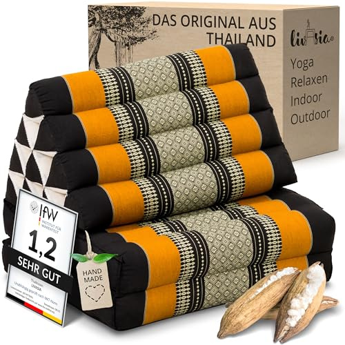 livasia Thaikissen mit 2 Auflagen - 120x50x8cm - Dreieckskissen mit Sitzkissen, Keilkissen mit Kapok, Rückenkissen faltbar, Thaimatte zum Klappen, handgefertigt, Meditationskissen (Schwarz/Orange)