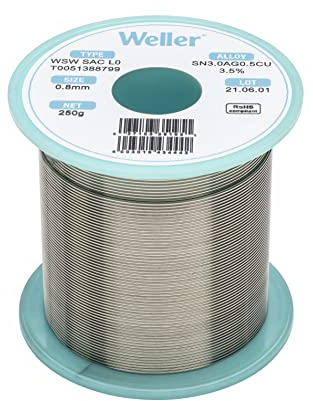 Weller WSW SAC L0 (T0051388799) Filo Saldante, Ø 0.8mm, 250g, Lega Sn96.5Ag3.0Cu0.5, Contenuto di Fondente 3,5%