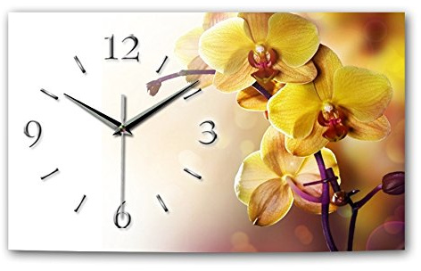 Kreative Feder Designer-Wanduhr Orchidee gelb XXL - leise Wanduhr in modernem Design Größe 50x30cm leise ohne Ticken (Orchidee, leises Funkuhrwerk)
