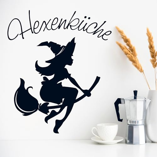 Wandtattoo Loft Wandaufkleber „Hexenküche“ Hexe auf Besen mit Schriftzug – Wandtattoo für die Küche / 30 Farben / 3 Größen zur Auswahl
