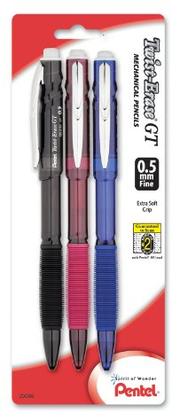 Pentel Twist-Erase GT (0.5mm) Mechanical Pencil, Assorted Barrel Colors, Color May Vary, Pack of 3 (QE205BP3M)