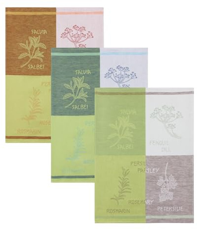 Kracht 3-er Pack Jacquard Geschirrtuch, Halbleinen, Küchenkräuter, drei Farben sortiert, 50x70cm