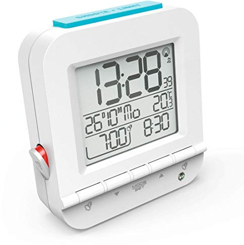 Hama Radioväckarklocka Dual Larm (två larmtider, stigande larmljud, vit bakgrundsbelysning, snooze, temperatur, datum, batteridriven) väckarklocka digital radioklocka vit