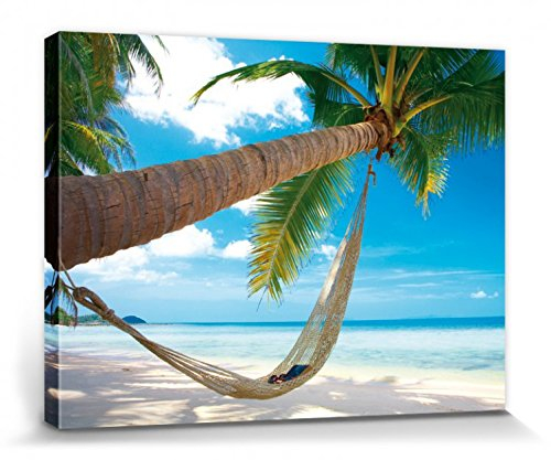 1art1 Strände Poster Traumstrand Mit Palme Und Hängematte Bilder Leinwand-Bild Auf Keilrahmen | XXL-Wandbild Poster Kunstdruck Als Leinwandbild 40x30 cm