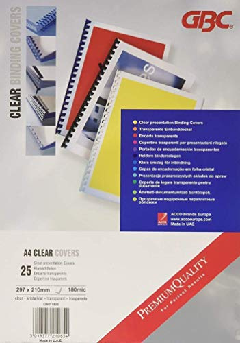 GBC | Lot de 25 Plats de Couverture HiClear A4 | PVC Transparent 180 Microns | Finition Haut de Gamme | Protection Professionnelle | Présentations Soignées | CN011880