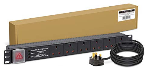 LMS Data 6 Gang Horizontal 13amp Switched Power Distribution Unit (PDU) Multi Plug Power Strip. Made Of Aluminum Alloy, Rackmount and Surge Protection, 3M Cable for Home, Office and Industrrial Use