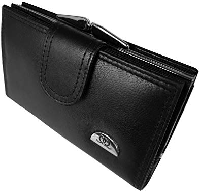 Quenchy London Designer-Geldbörse aus Leder für Damen – 8 RFID-blockierende Fächer für Debit- oder Kreditkarten mit Knopfverschluss – großes Münzfach mit Metallverschluss – 14cm x9 x2,5 Schwarz QL439K