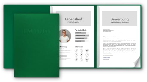 5 Stück 3-teilige Bewerbungsmappen favorit Blattgrün mit 2 Klemmschienen - sehr stabiler 350 g/m² Naturkarton mit eindrucksvoller Relief-Prägung BEWERBUNG - direkt vom deutschen Hersteller STRATAG
