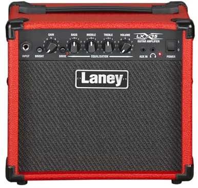 Laney LX15 Electric Guitar Amplifier – 15W Practice Amp with Twin 5 Speakers, Drive Switch, 3-Band EQ, AUX Input for jamming along & Headphone Output – Compact Portable Amp for Beginners - Red