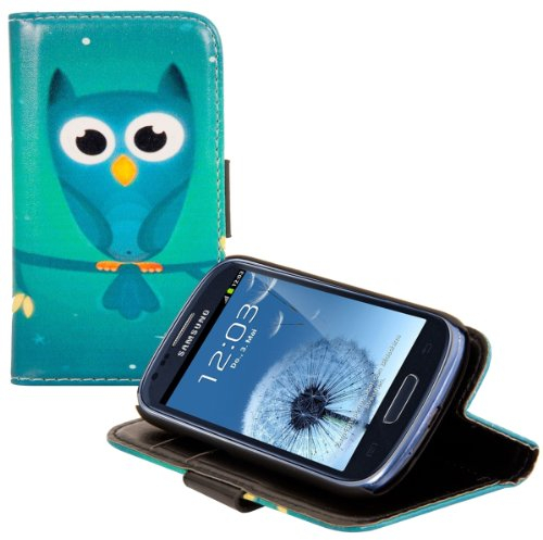 kwmobile Wallet Case kompatibel mit Samsung Galaxy S3 Mini i8190 Hülle - Cover mit Ständer und Kartenfächern - Eule Nacht Blau Türkis