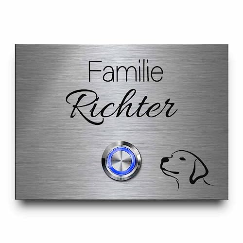 Edelstahl Türklingel mit Wunsch Gravur und schönen Motiven - Modell Richter ab 9x7 cm | Led beleuchteter Klingeldrücker | wählbare Befestigung | Optional mit hübscher Hintergrundplatte