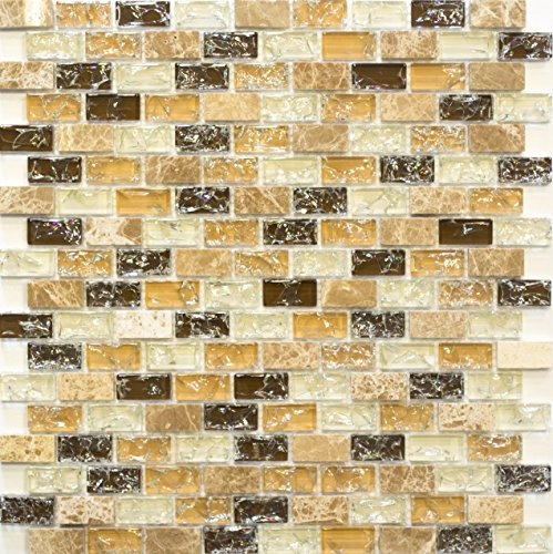 Mosaïque brique cristal / pierre mix emperador clair mosaïque en verre translucide 3D, format de la pierre de mosaïque : 15 x 30 x 8 mm, dimensions de la feuille : 300 x 285 mm, 10 feuilles