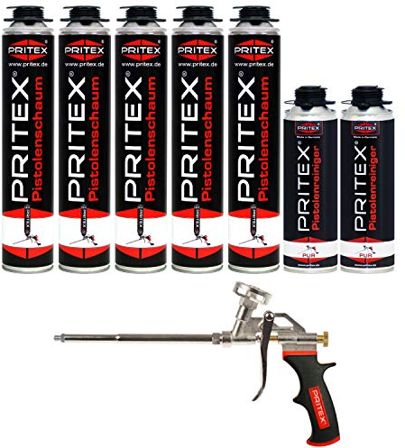 PRITEX – Bauschaum Set aus 5 x 750 ml Pistolenschaum inkl. 2 x 500 ml Pistolenreiniger und Schaumpistole – Montageschaum zum Verfüllen, Dämmen & Abdichten – PU-Schaum mit hervorragender Wärmedämmung
