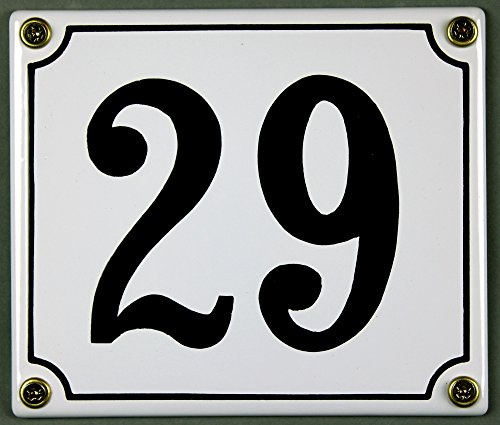 Emaille Hausnummernschild - Wählen Sie Ihre Nummer - Zahlen 1 bis 30 verfügbar - weiß/schwarz 12x12 cm und 12x14cm - sofort lieferbar! Hausnummer Schild wetterfest und lichtecht (29 weiß/schwarz 12x14cm)