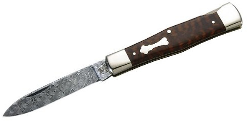 Hartkopf-Taschenmesser, 300 Lagen Rosendamast von Balbach, Klinge feststellbar, Schlangenholz, Neusilberbacken