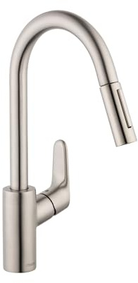 hansgrohe Focus Stainless Steel High Arc Kitchen Faucet, Kitchen Faucets with Pull Down Sprayer, Faucet for Kitchen Sink, Magnetic Docking Spray Head, Stainless Steel Optic 04505800, 1.75