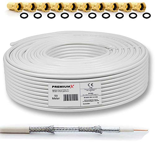 Premium X 50m PROFI Koaxialkabel KUPFER 135dB 4-fach SAT Antennenkabel Koax-Kabel DVB-S / S2 DVB-C DVB-T BK Anlagen Satellitenkabel 10x F-Stecker