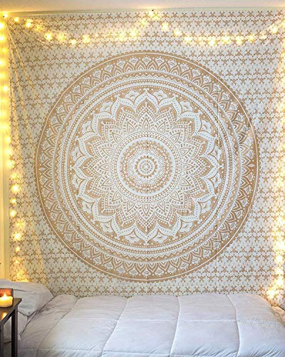 Popular Handicrafts Th566 Twin Original Gold Ombre Tapestry Indian Mandala Wall Art, Hippie Tapestry Wall Hangings, Bohemian Bedspread with Metallic Shine (215x140) cms
