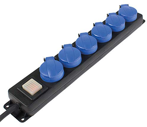 as - Schwabe 6-Fach Verteilersteckdosenleiste mit Schalter, Schutzkontaktsteckdosen mit Klappdeckeln, 1,5 m Leitung, Mehrfachsteckdose für den Außenbereich 230V, 16A, IP44, Schwarz, Blau, 38606