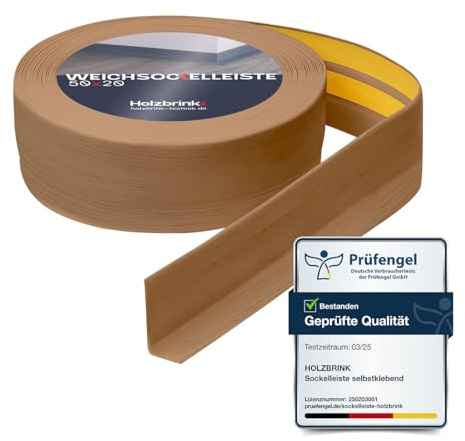HOLZBRINK Weichsockelleiste selbstklebend PVC 50x20mm, 20 m | Winkelleiste für Küchenarbeitsplatte, Bodenbelag | Eckleiste selbstklebend | Farbe: Eiche Hell