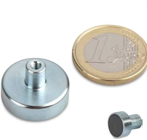 Base magnética con roscado interior - Ø10-125mm - Ferrita dura (HF) Imanes permanentes cerámicos - Imán en recipiente con casquillo roscado - Sistemas magnéticos - Fuerza de sujeción: hasta 130kg, Grandezas:Ø 20mm | M3 | 3kg fuerza