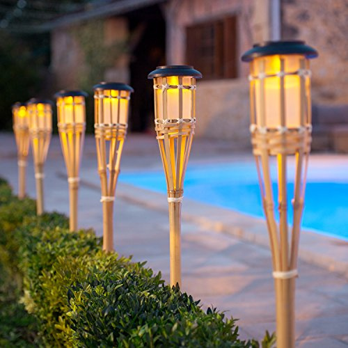 Lights4fun Set of 4 Large Solar Powered Bamboo Tiki Torches IP44 Waterproof Decorative Garden Pathway LED Stake Lights