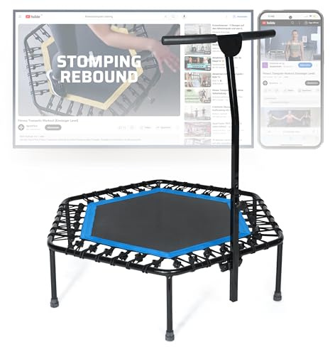 SportPlus Fitness Trampolin Indoor für Zuhause, Trampolin mit Haltestange höhenverstellbar, Gummiseilfederung, Workout & Cardiotraining, Premium-Qualität Designed in Germany 130kg