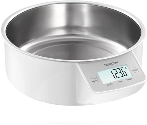 Sencor bilancia cucina digitale SKS 4030WH, bilancia cucina con ciotola estraibile in acciaio inox, bilancia da cucina pesa alimenti, ampio display LCD retroilluminato, funziona tara