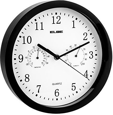 ELBE RP-1005-N Reloj de Pared con termómetro e higrómetro, Mide Temperatura y Humedad, 25 cm diámetro, Panel Blanco Marco Negro, Funciona con Pilas, talla única