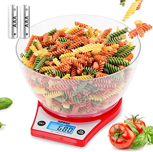 Duronic KS6000 RD Kitchen Scales 5 kg Capacity | Precision to 1 g | 2 Litre Bowl Included | Large Backlit Display | TARE Weight Adding Function | Ideal for Baking | Red